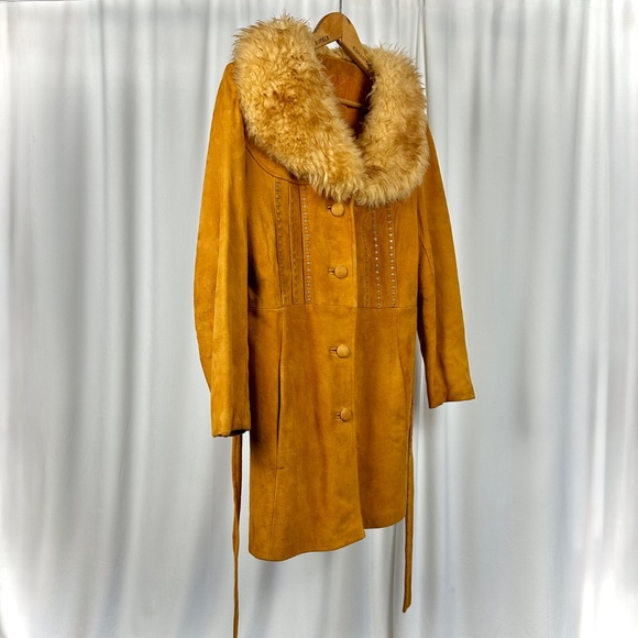 Vintage 1960’s Soft Suede Penny Lane Belted Trench Coat with Shearling Fur - M - Picture 6 of 14